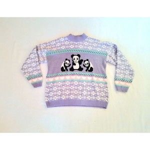 Rare HTF 80s 90s Vintage Adele Knitwear Panda Pullover Pastel Sweater, Large